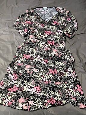 LOFT Black Floral Wrap Midi Dress with Pink & Cream Blooms